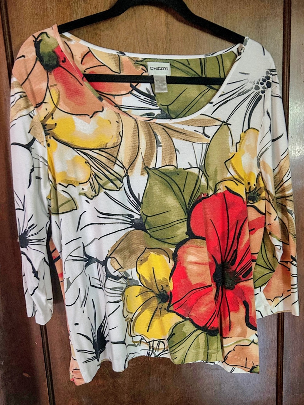 Chico's White Floral Scoop Neck Top with Red, Yellow & Green Print